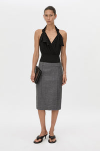 Front-styled view CAMILLA AND MARC Myro Bodysuit in black with a knotted wrap cowl neckline.