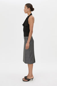 Side view CAMILLA AND MARC Myro Bodysuit in black with a knotted wrap cowl neckline.
