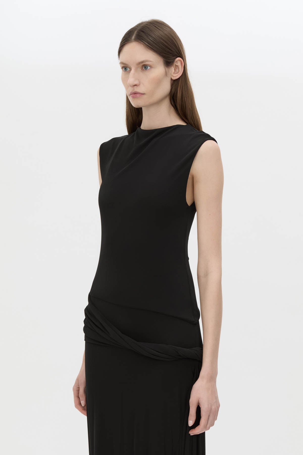 Cropped view CAMILLA AND MARC Myro Midi Dress in black with a fitted waistline and a twisted drape detail at the hip.