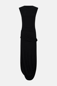 Ghost view CAMILLA AND MARC Myro Midi Dress in black with a fitted waistline and a twisted drape detail at the hip.