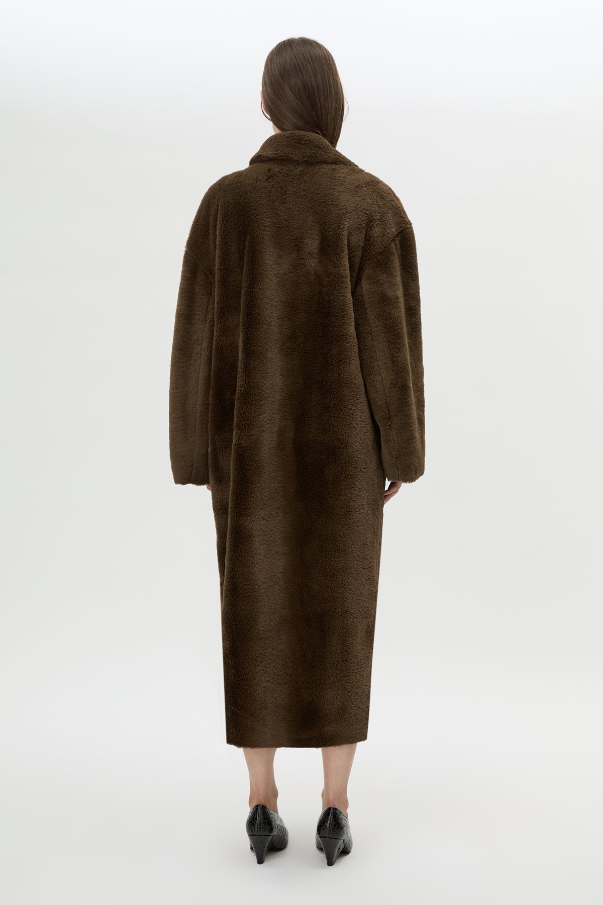 Back view CAMILLA AND MARC Nala Furry Coat in Truffle styled with the Rhys Croc Pump.