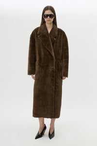 Front view CAMILLA AND MARC Nala Furry Coat in Truffle with oversized faux‑fur.