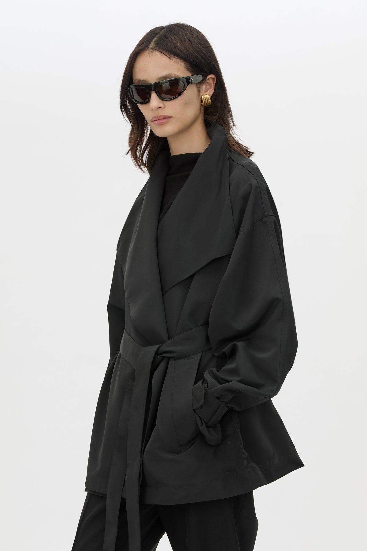 Cropped view CAMILLA AND MARC Nasir Cropped Jacket in Black with high‑neck, double‑breasted wrap design.