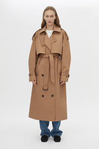 Front Model View CAMILLA AND MARC Nelle trench coat in toffee twill fabrication with an oversized fit.
