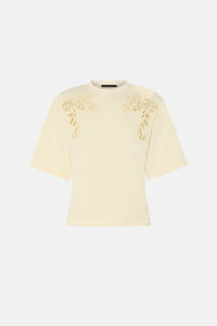 Ghost view CAMILLA AND MARC Niami Crochet Tee in cream with crochet detailing at the shoulder.
