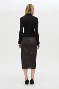 Back view CAMILLA AND MARC Nieve Sheer Printed Midi Skirt in Black Chocolate print with silk stretch fabrication.