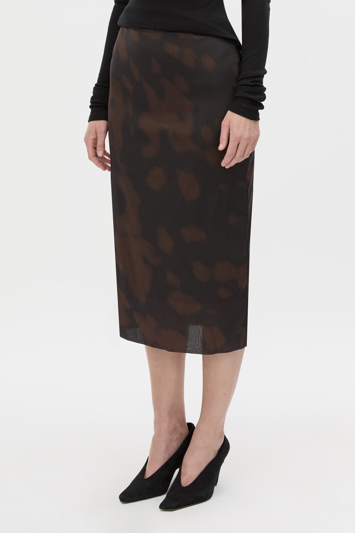 Cropped view CAMILLA AND MARC Nieve Sheer Printed Midi Skirt in Black Chocolate print with silk stretch fabrication.