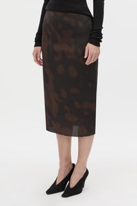 Cropped view CAMILLA AND MARC Nieve Sheer Printed Midi Skirt in Black Chocolate print with silk stretch fabrication.