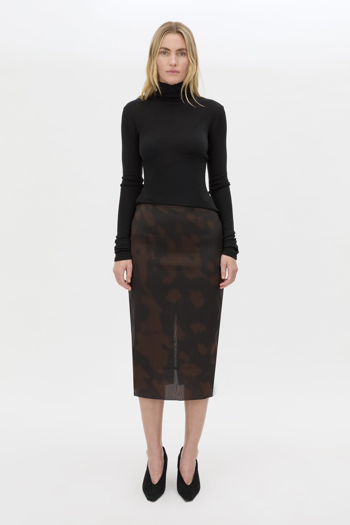 Front styled view CAMILLA AND MARC Nieve Sheer Printed Midi Skirt in Black Chocolate print.