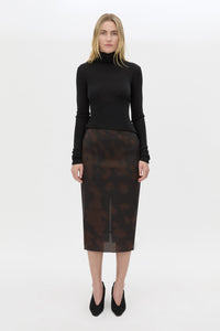 Front styled view CAMILLA AND MARC Nieve Sheer Printed Midi Skirt in Black Chocolate print.
