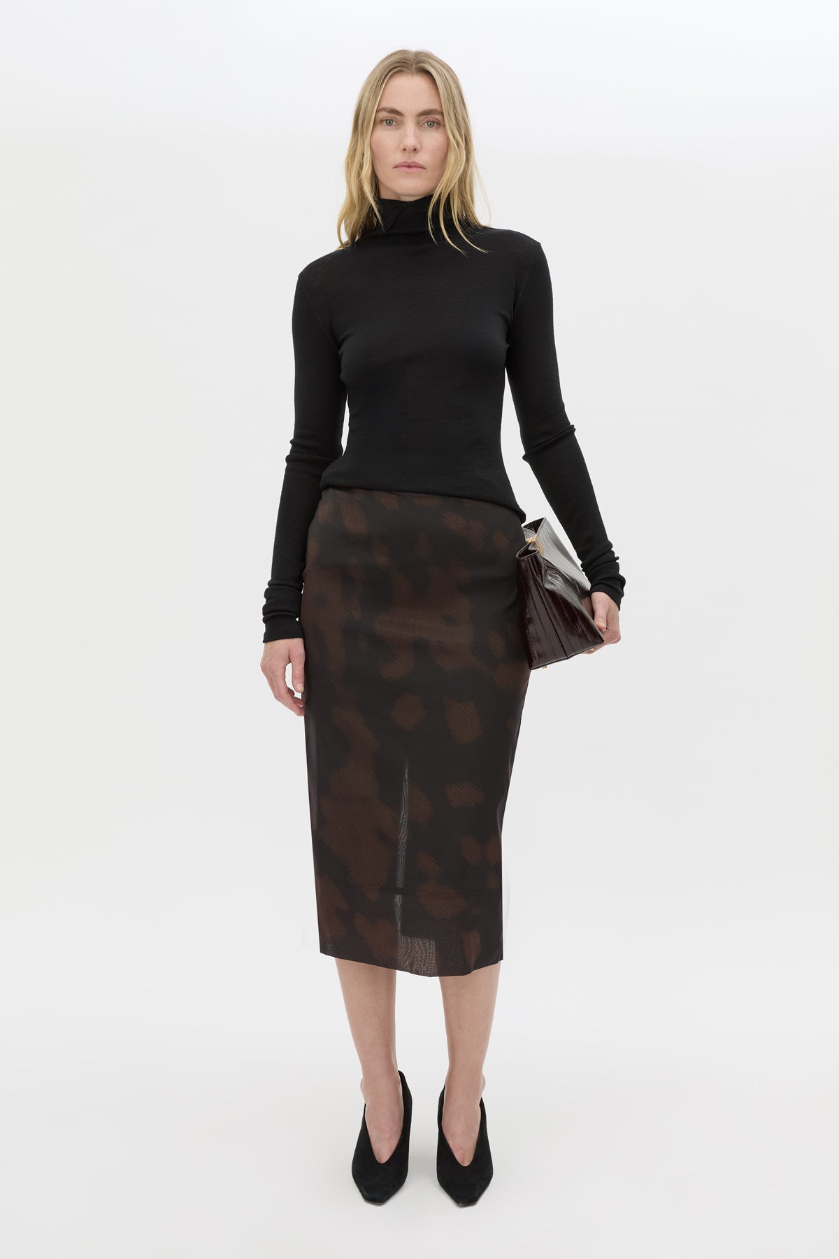 Front view CAMILLA AND MARC Nieve Sheer Printed Midi Skirt in Black Chocolate print with silk stretch fabrication.