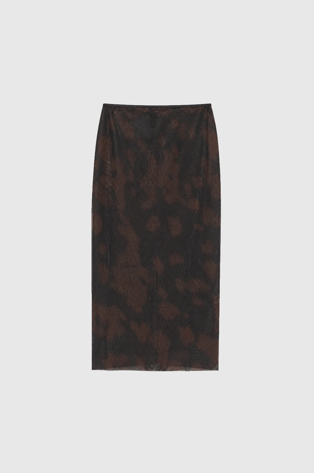 Ghost view CAMILLA AND MARC Nieve Sheer Printed Midi Skirt in Black Chocolate print with silk stretch fabrication.