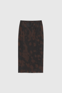 Ghost view CAMILLA AND MARC Nieve Sheer Printed Midi Skirt in Black Chocolate print with silk stretch fabrication.