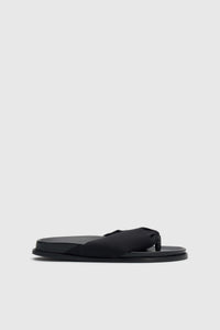 Side view CAMILLA AND MARC Nina Slide Sandal in Black with padded satin straps.