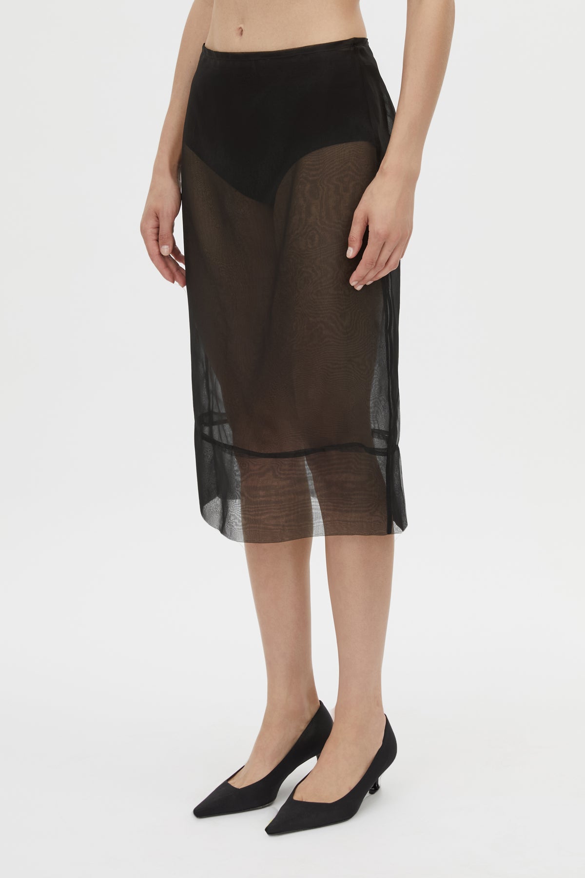 Cropped view CAMILLA AND MARC Noe Skirt in Black with a sheer high‑waisted pencil midi silhouette.