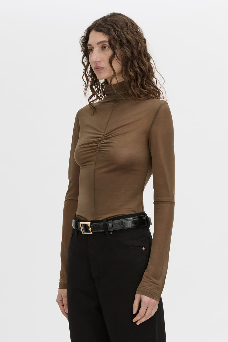 crop view CAMILLA AND MARC Novel Long Sleeve Stocking Top in khaki green with ruched bust detail.