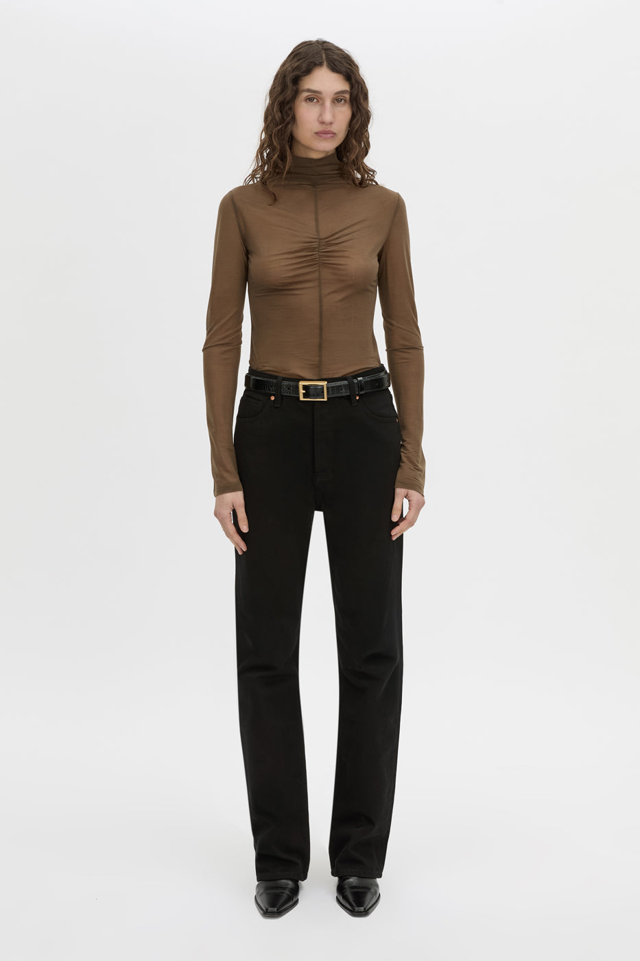 Front-styled view CAMILLA AND MARC Novel Long Sleeve Stocking Top in khaki green with ruched bust detail.