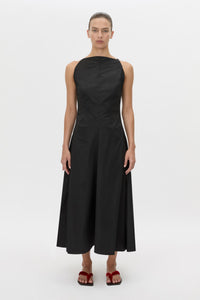 Front view CAMILLA AND MARC Onesto Cotton Midi Dress in black with a cowl neckline.