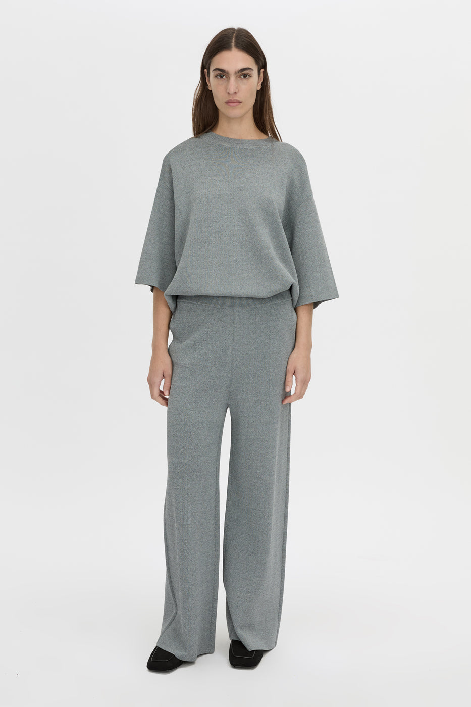 Front view CAMILLA AND MARC Onyi Marle Knit Lounge Pant in grey marle.