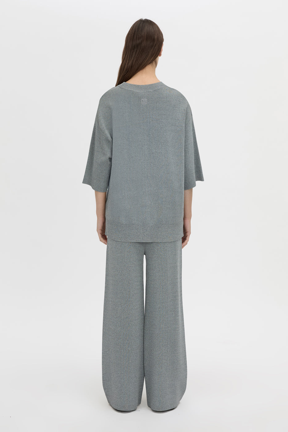 Back view CAMILLA AND MARC boxy Onyi Oversized Knit Tee in grey marle.