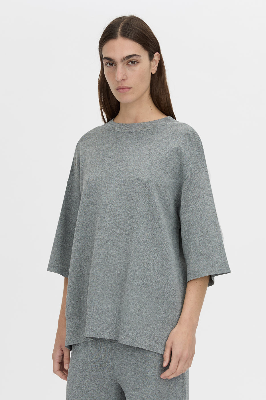 Cropped view CAMILLA AND MARC boxy Onyi Oversized Knit Tee in grey marle.