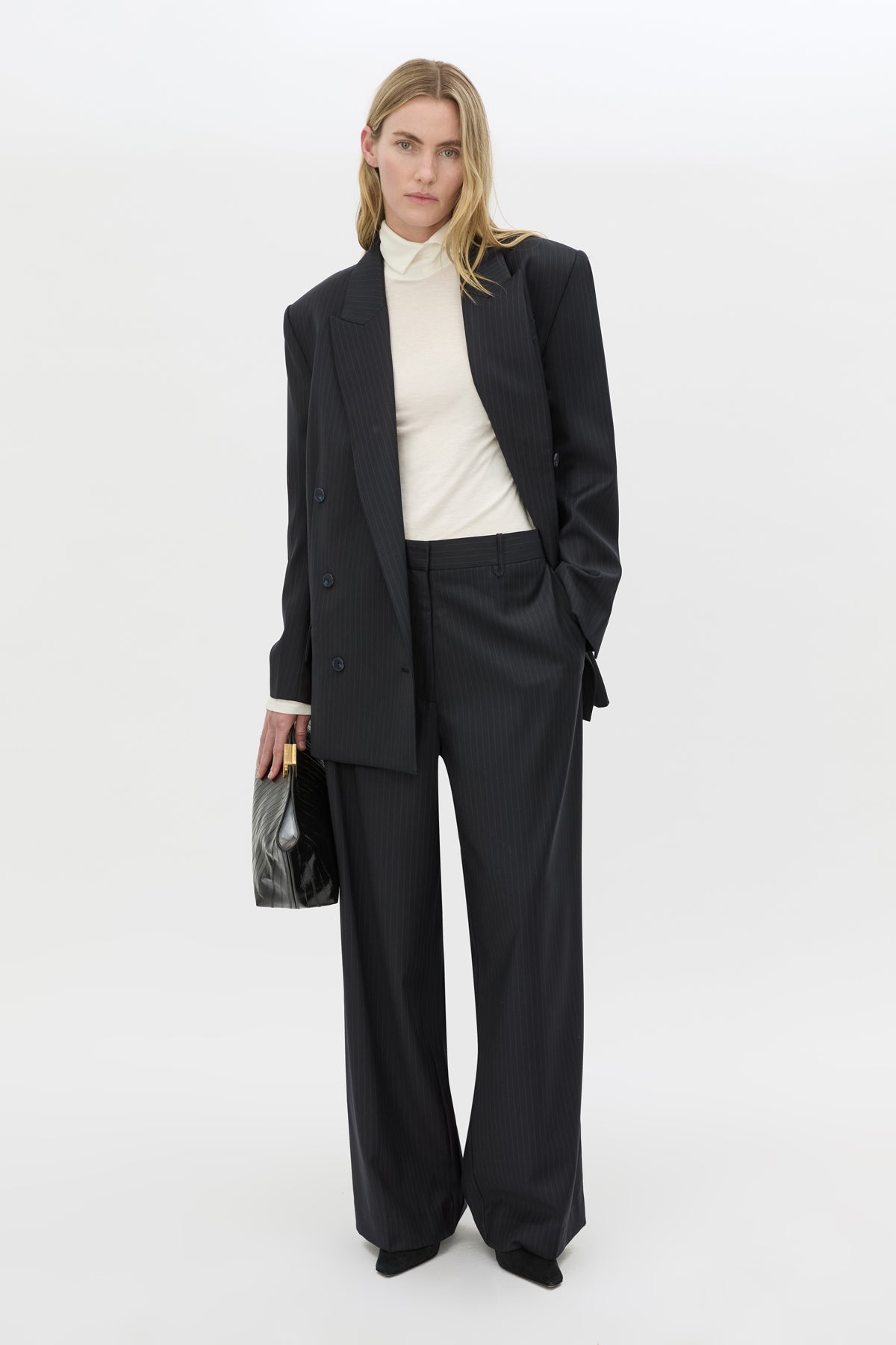Front view CAMILLA AND MARC Orban Oversized Blazer in Navy pinstripe with double‑breasted button closure.