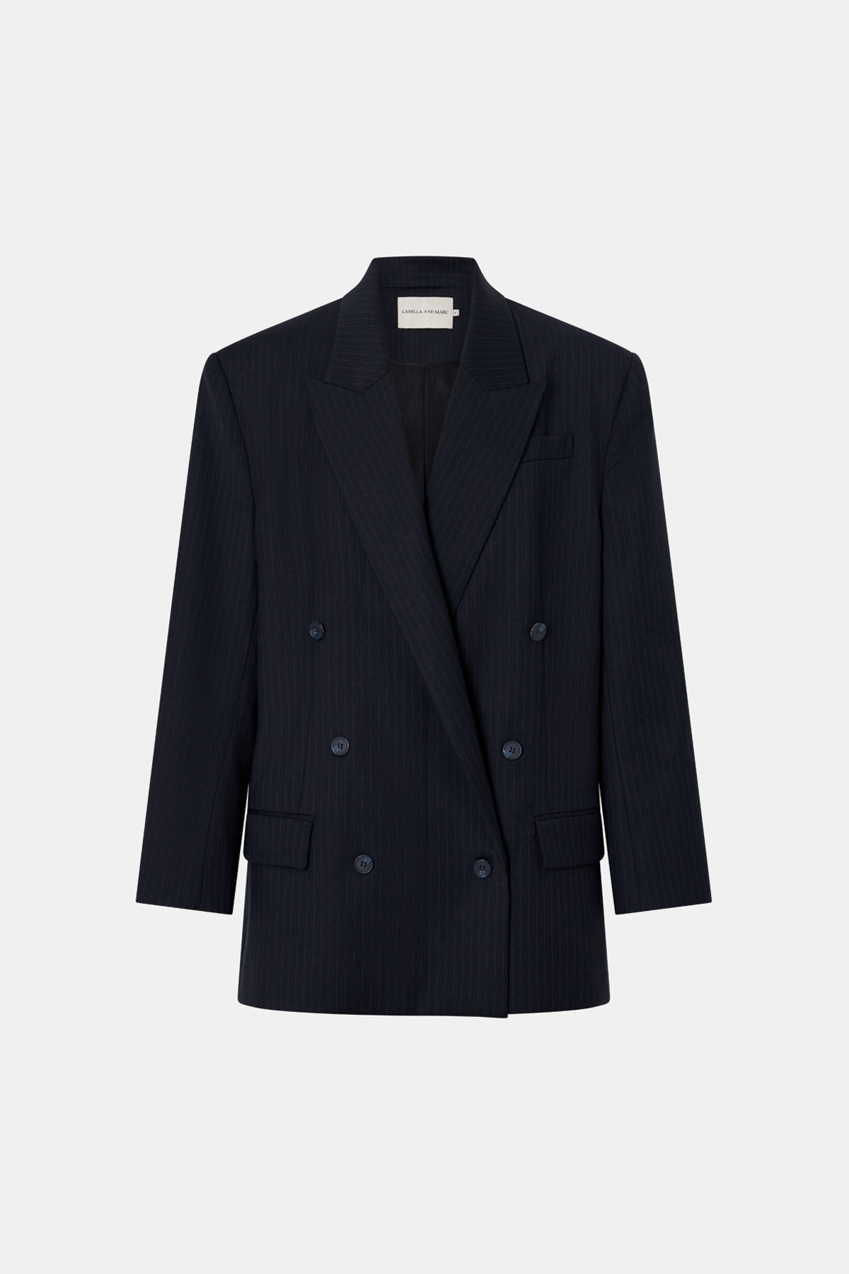 Ghost view CAMILLA AND MARC Orban Oversized Blazer in Navy Pinstripe with double‑breasted closure.