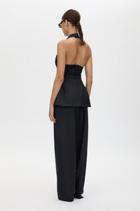 Back view CAMILLA AND MARC Orban Tailored Halter Top in Navy Pinstripe with deep V‑neck, fitted waist and open back.