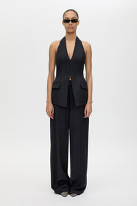 Front view CAMILLA AND MARC Orban Tailored Halter Top in Navy Pinstripe with deep V‑neck, fitted waist and open back.