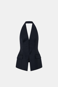 Ghost view CAMILLA AND MARC Orban Tailored Halter Top in Navy Pinstripe with deep V‑neck, fitted waist and open back.