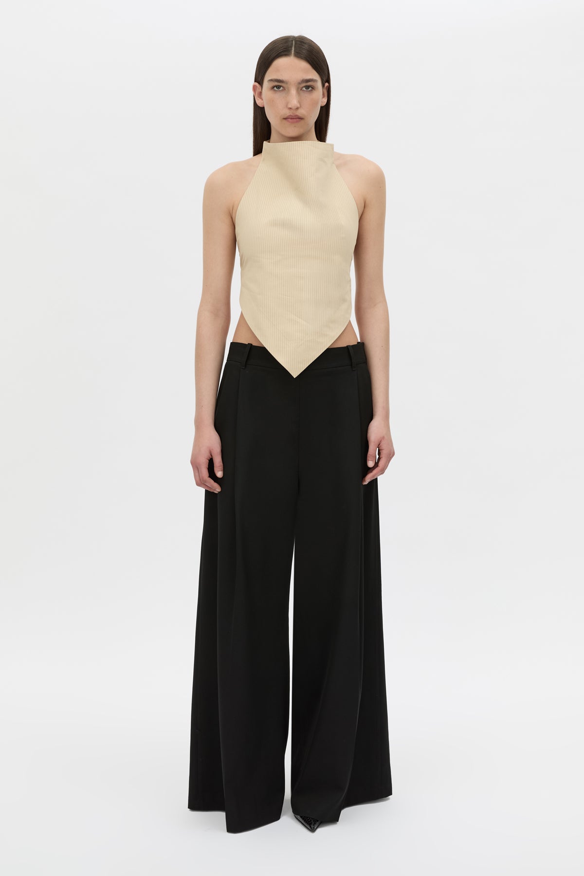 Front view CAMILLA AND MARC Oren Stripe Crop Top with a handkerchief high-neckline.