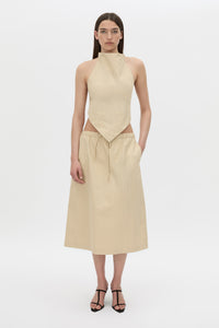Front-styled view CAMILLA AND MARC Oren Stripe Midi Skirt in ochre stripe with an adjustable mid‑rise waistline.