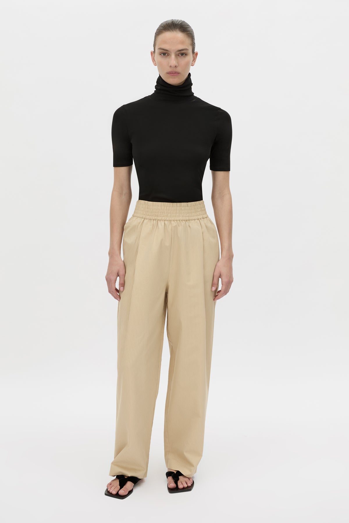 Front view CAMILLA AND MARC Oren Stripe Wide Leg Pant in ochre stripe with an elasticated gathered waistband.