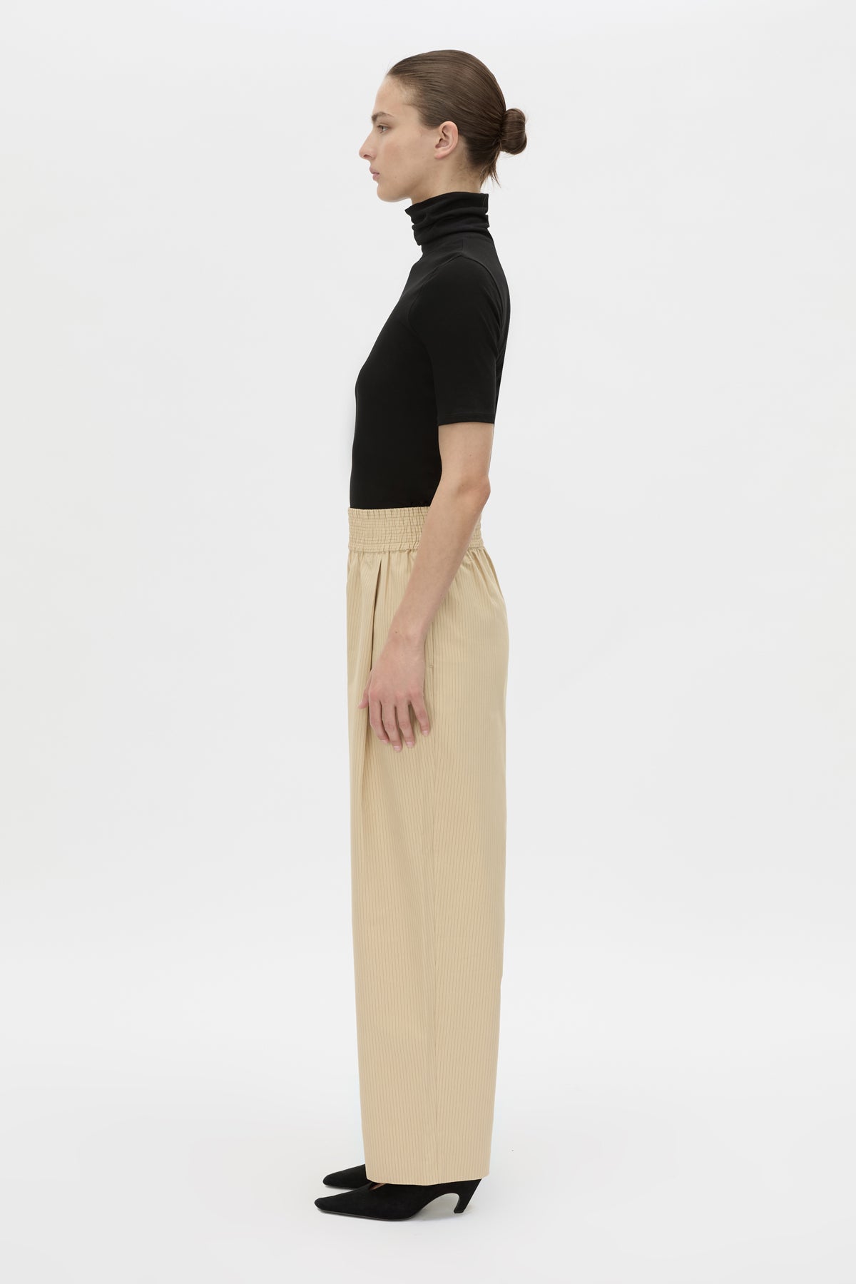 Side view CAMILLA AND MARC Oren Stripe Wide Leg Pant in ochre stripe with an elasticated gathered waistband.