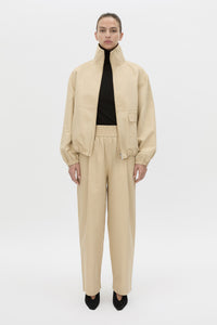 Styled view CAMILLA AND MARC Oren Stripe Wide Leg Pant in ochre stripe with an elasticated gathered waistband.