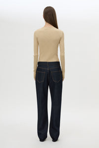 Back view CAMILLA AND MARC Orion Slub Jersey Bodysuit in Camel with long sleeves, and rib button placket.