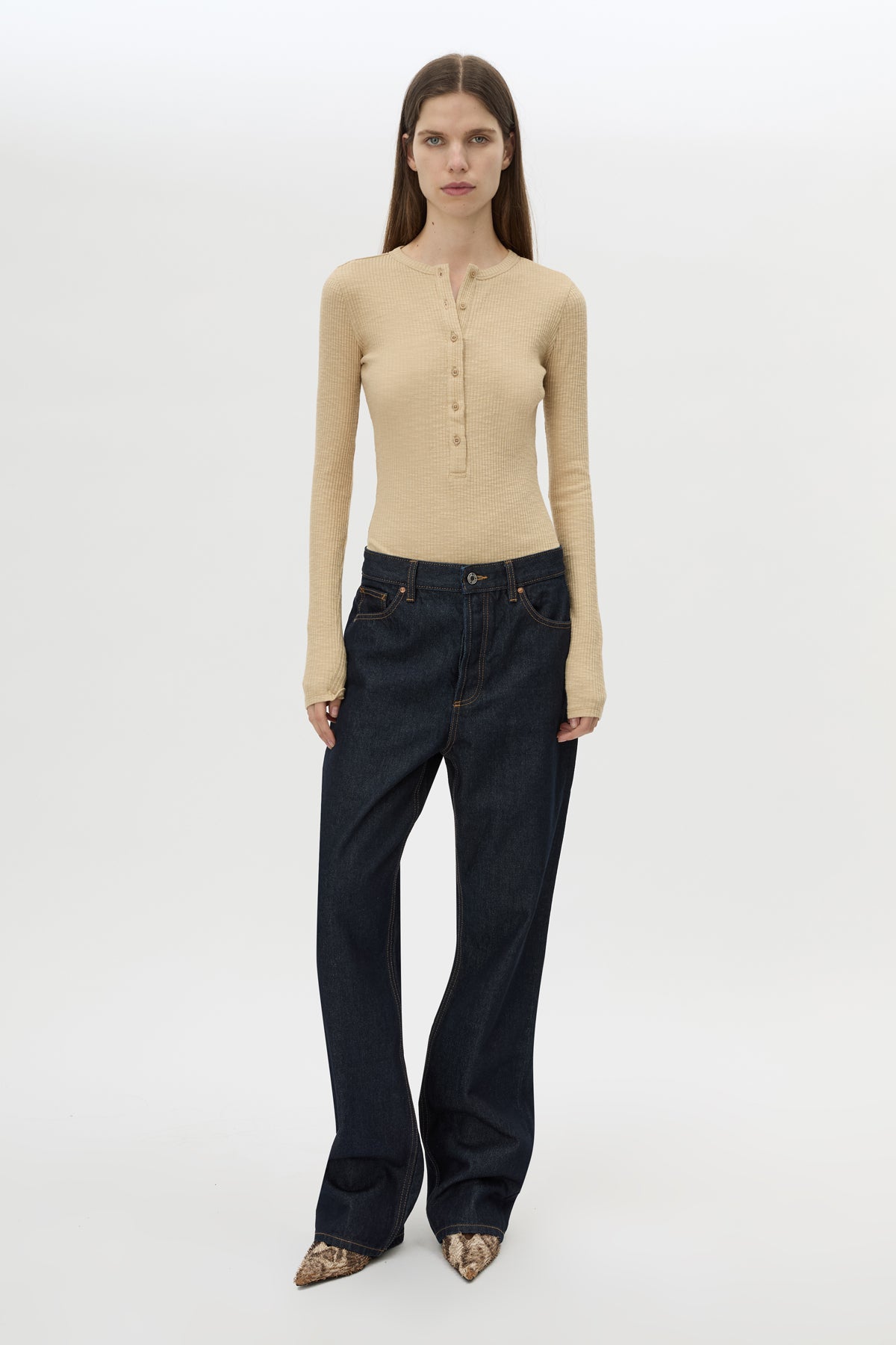 Front view CAMILLA AND MARC Orion Slub Jersey Bodysuit in Camel with long sleeves, rib button placket.