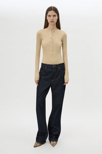 Front view CAMILLA AND MARC Orion Slub Jersey Bodysuit in Camel with long sleeves, rib button placket.