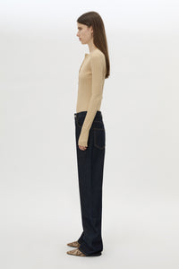 Side view CAMILLA AND MARC Orion Slub Jersey Bodysuit in Camel with long sleeves, and rib button placket.