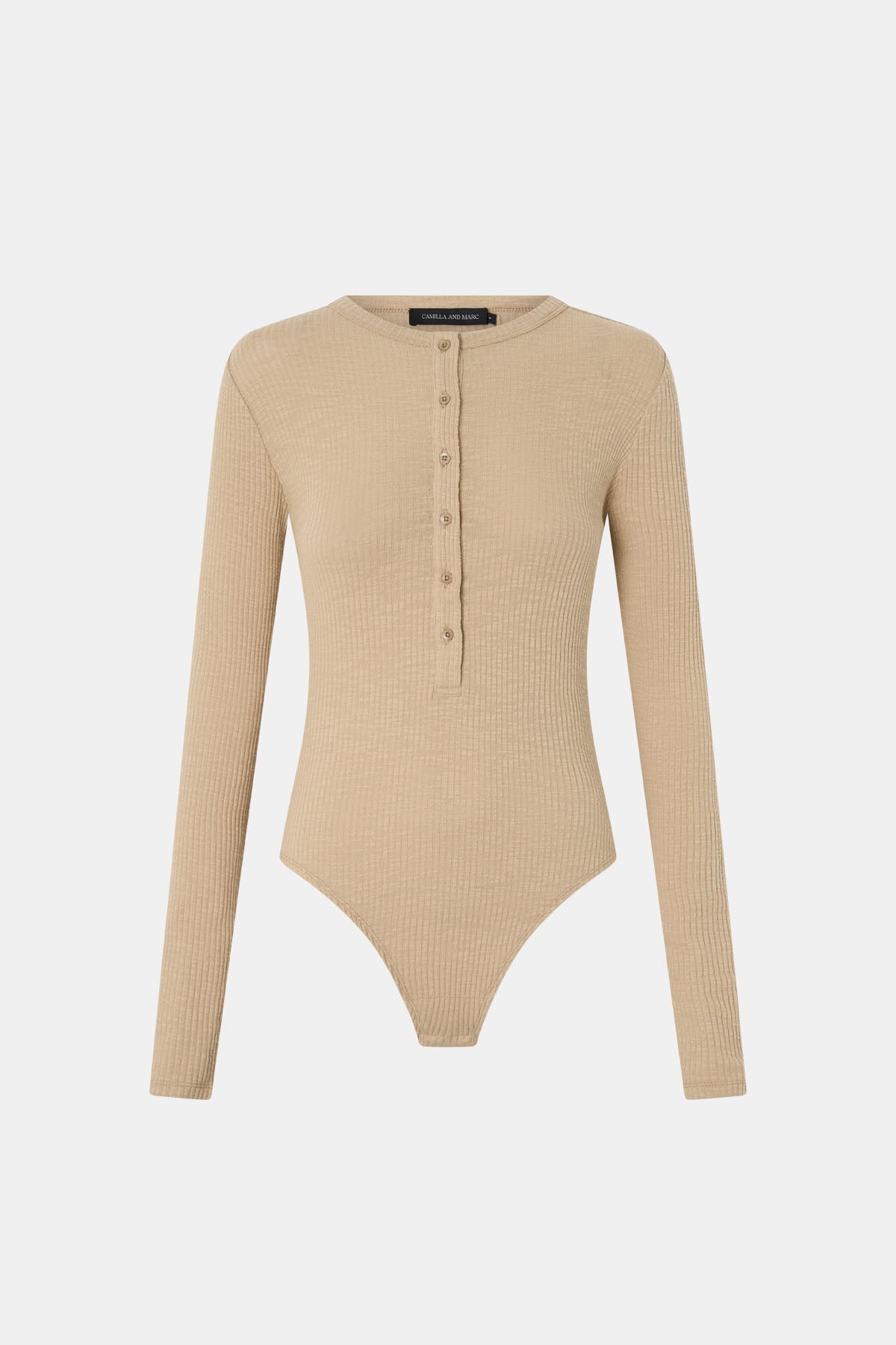 Ghost front view CAMILLA AND MARC Orion Slub Jersey Bodysuit in Camel with long sleeves, and rib button placket.