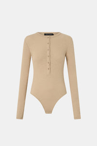 Ghost front view CAMILLA AND MARC Orion Slub Jersey Bodysuit in Camel with long sleeves, and rib button placket.