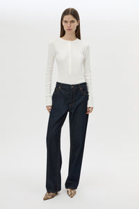 Front view CAMILLA AND MARC Orion Slub Jersey Bodysuit in White with long sleeves, and rib button placket.