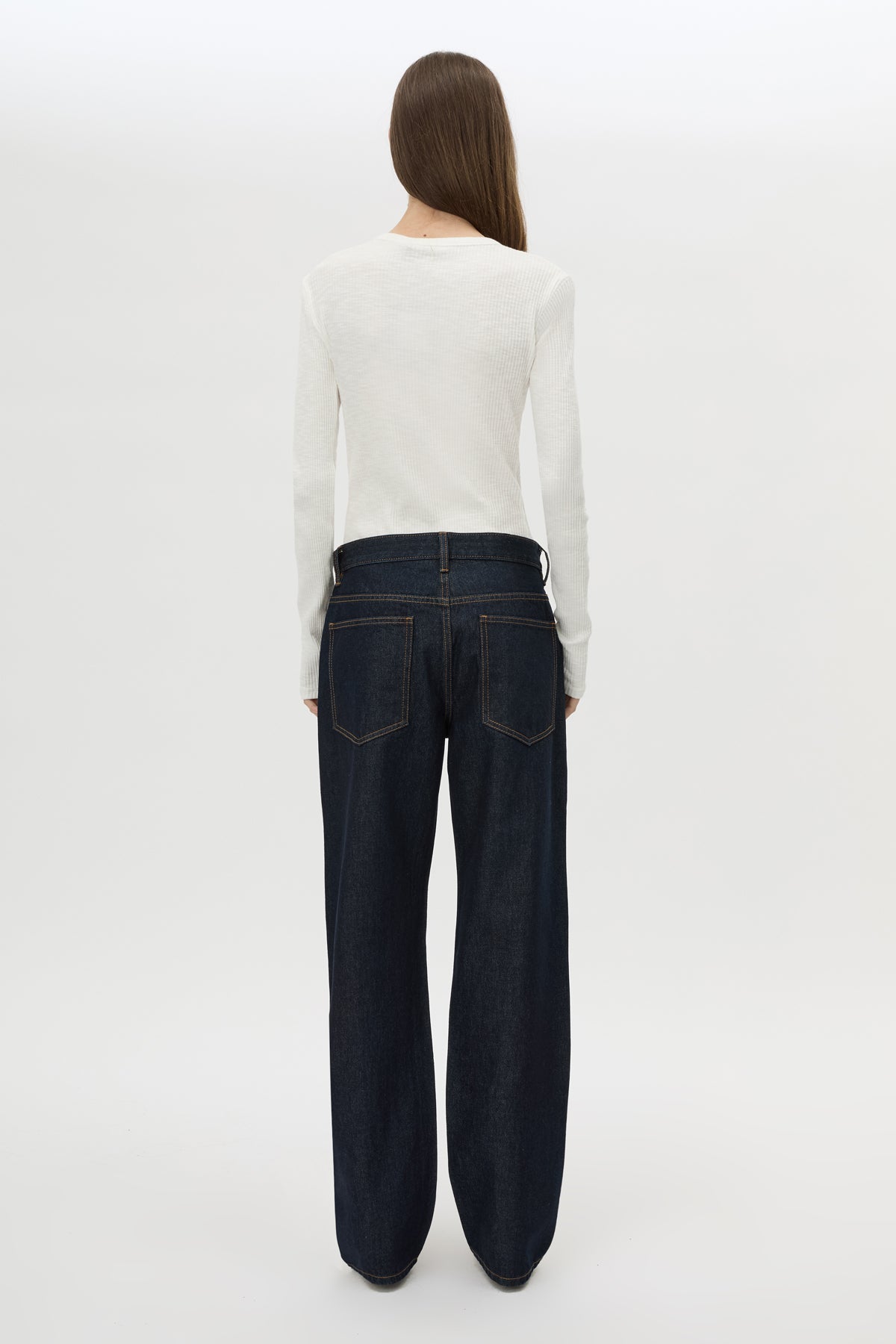 Back view CAMILLA AND MARC Orion Slub Jersey Bodysuit in White with long sleeves, and rib button placket.