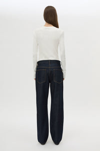 Back view CAMILLA AND MARC Orion Slub Jersey Bodysuit in White with long sleeves, and rib button placket.