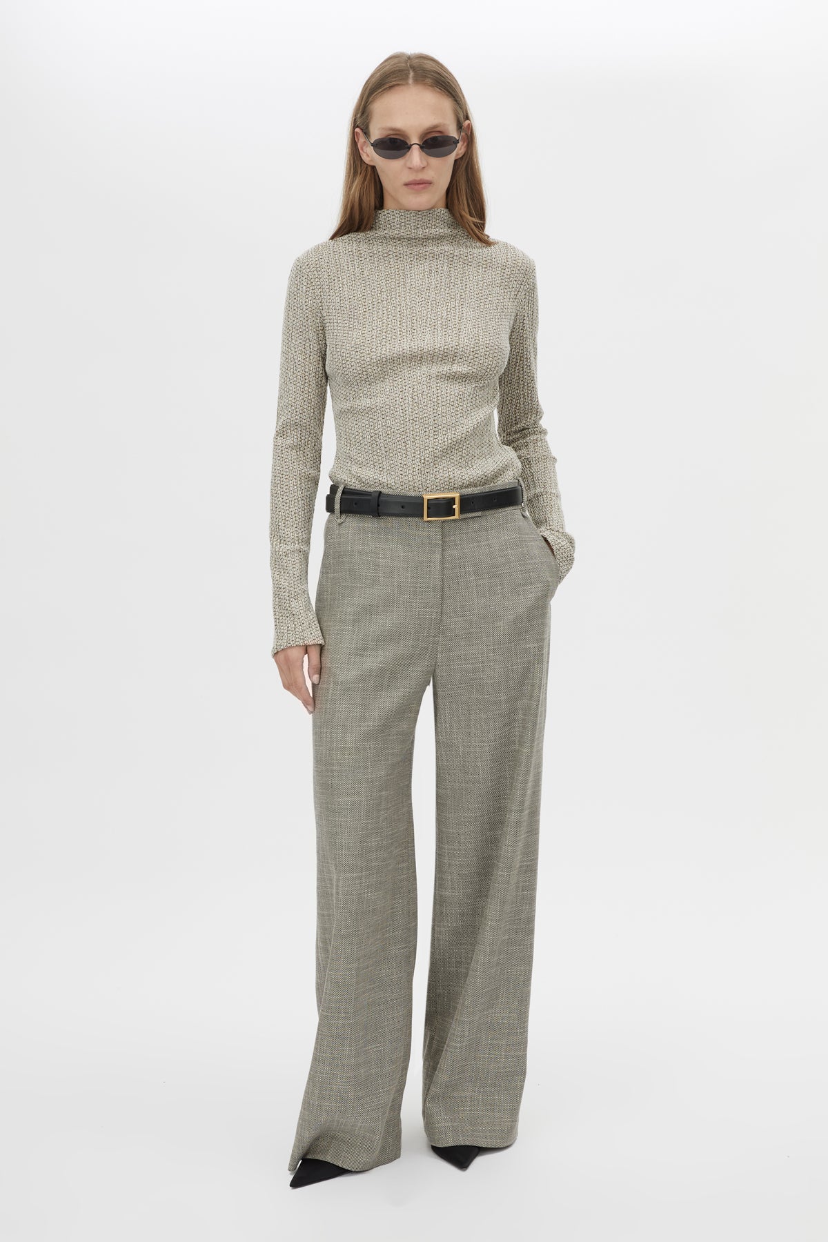 Front styled view CAMILLA AND MARC Orsa Top in Beige with a textured jersey finish and long‑sleeve silhouette.