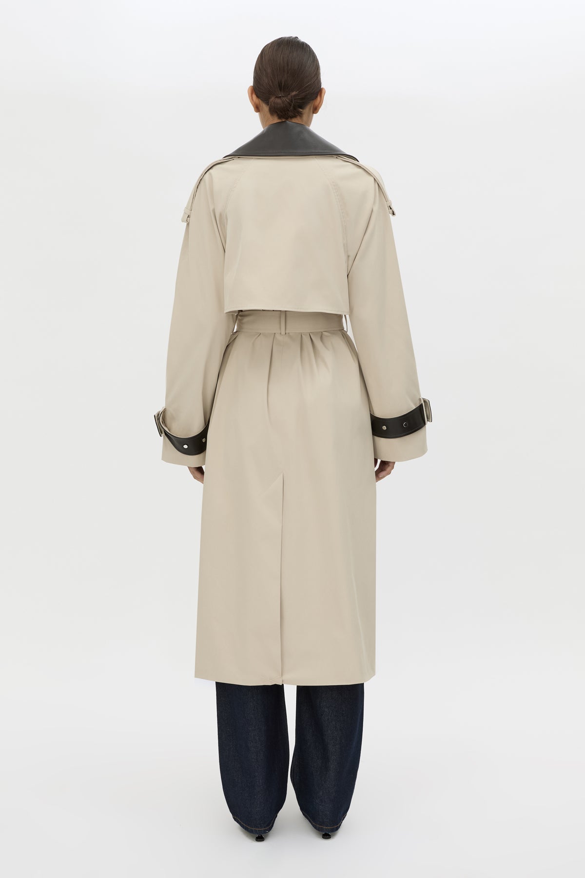 Back view CAMILLA AND MARC Passage Volumous Trench in Stone with detachable contrast leather collar.