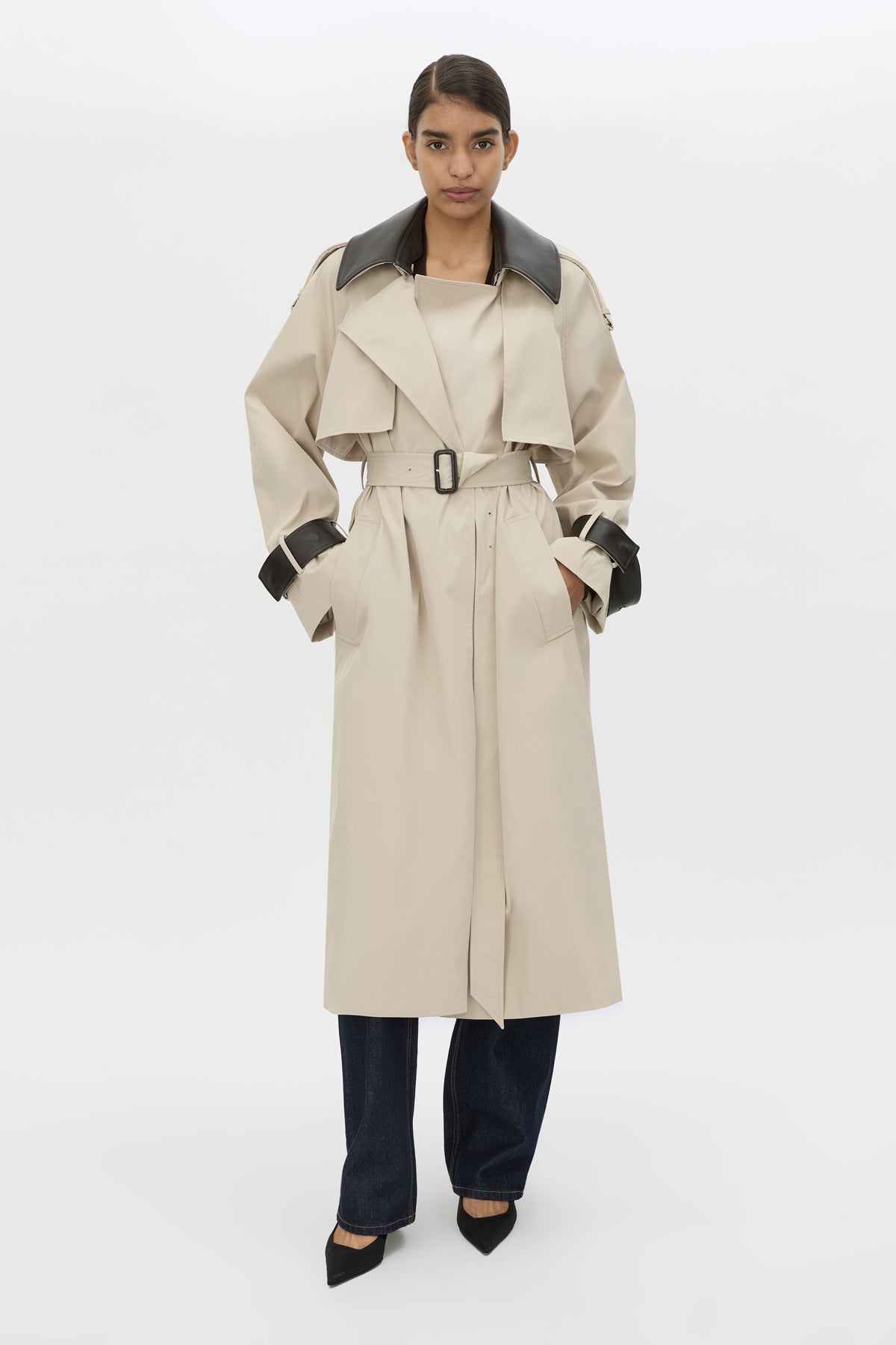 Front view CAMILLA AND MARC Passage Volumous Trench in Stone with detachable contrast leather collar and waistbelt.
