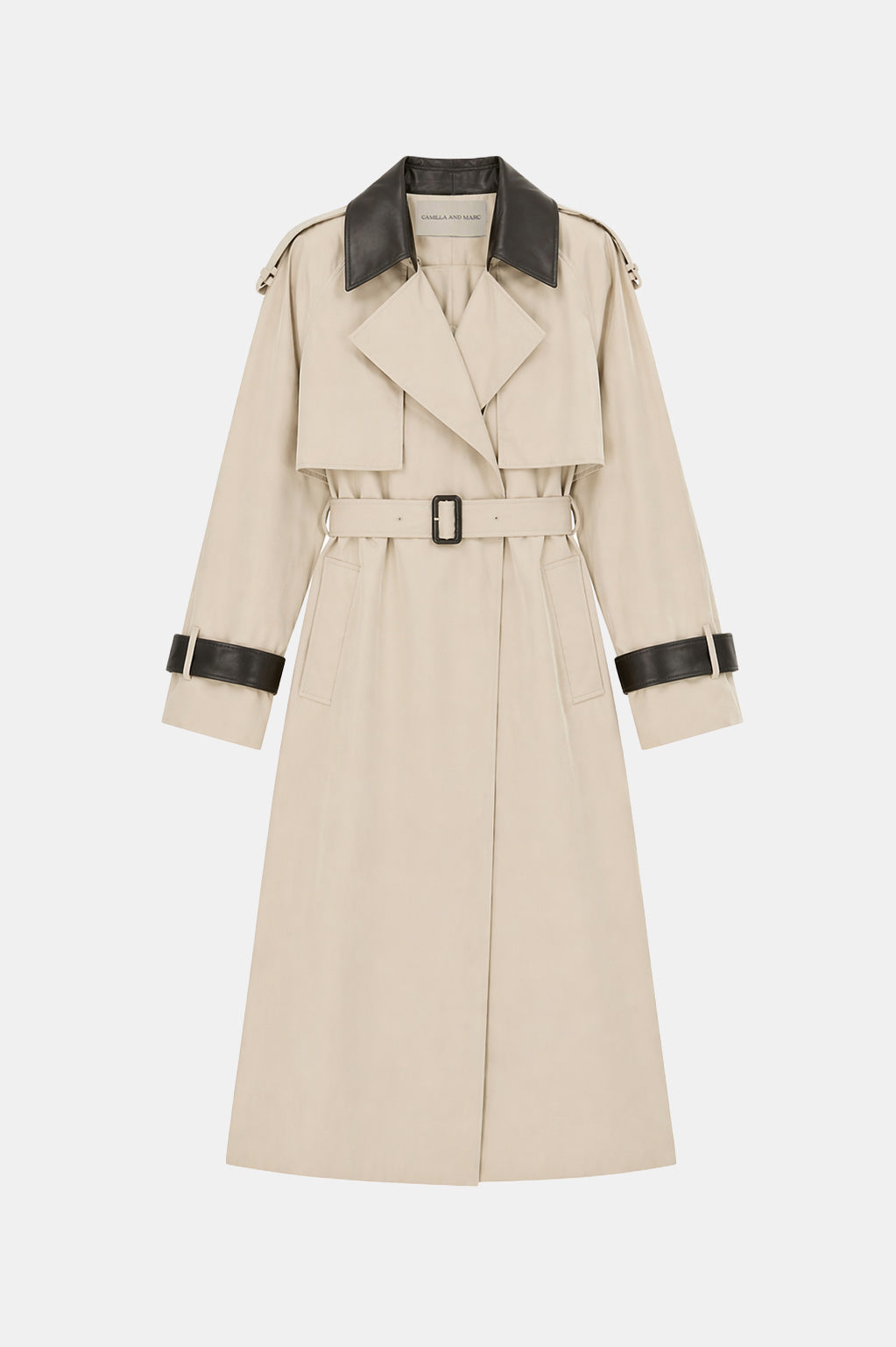 Ghost view CAMILLA AND MARC Passage Volumous Trench in Stone with detachable contrast leather collar.