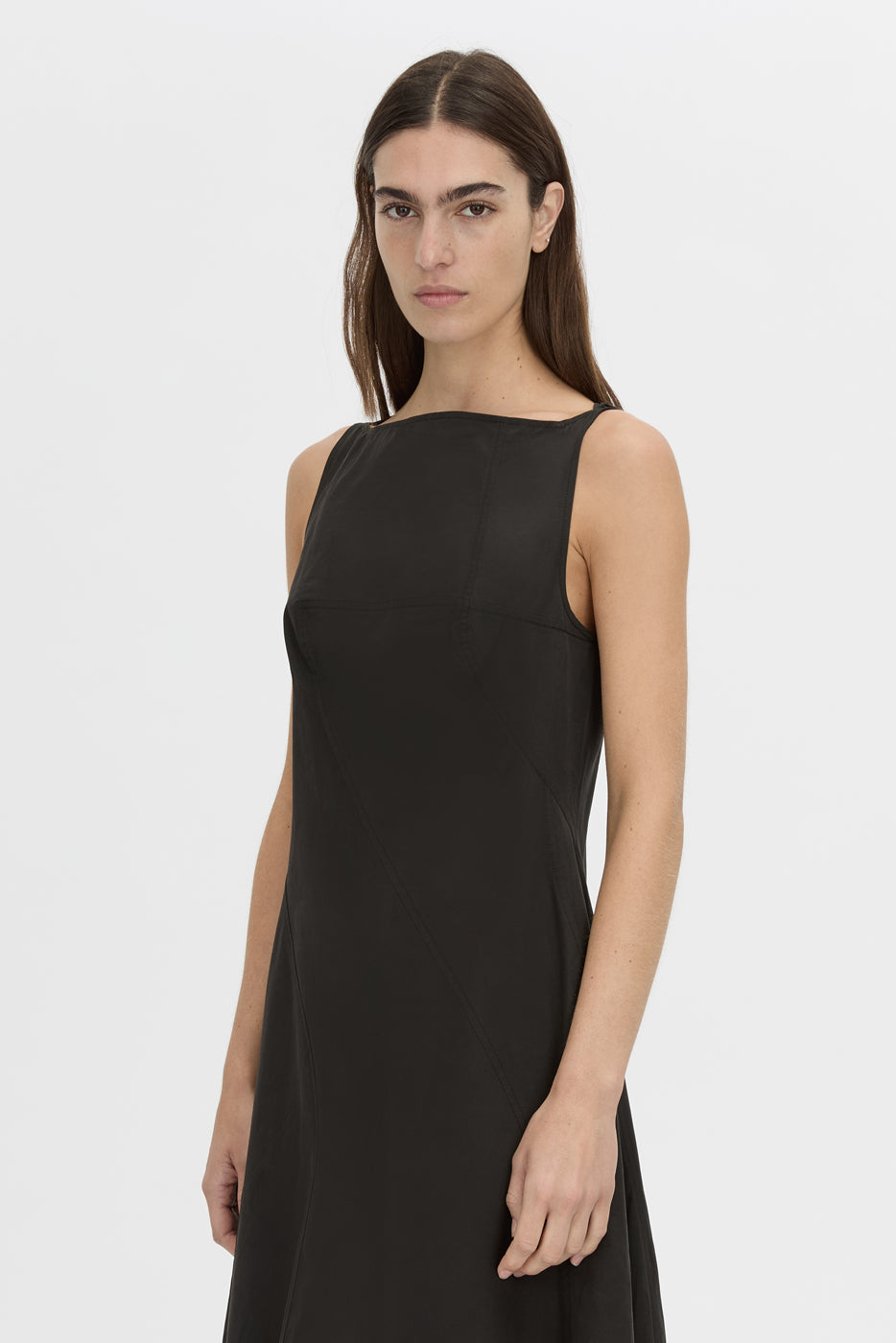 crop view CAMILLA AND MARC Paulena Maxi Dress in black with cocoon shaping and a straight neckline.