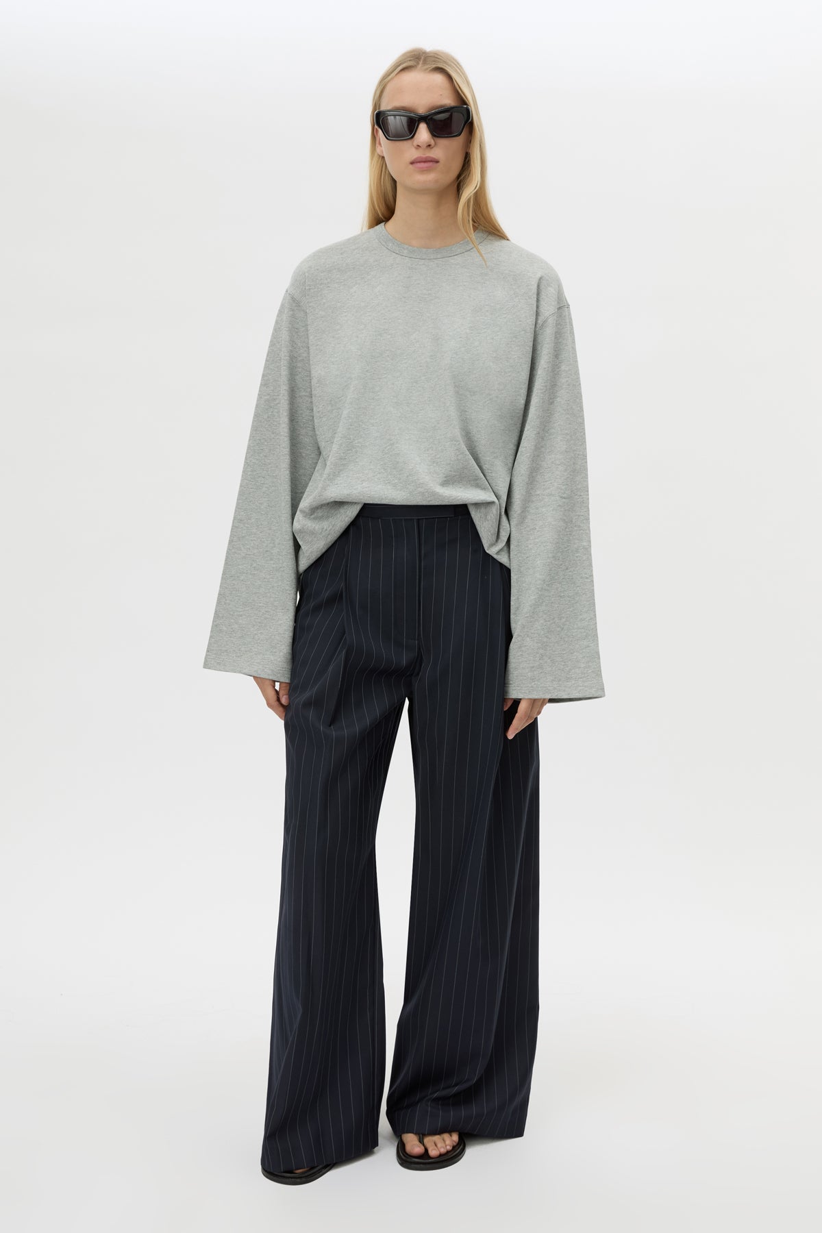 Front view CAMILLA AND MARC Peretti Long Sleeve Tee in Grey Marle with relaxed fit and wide sleeves.